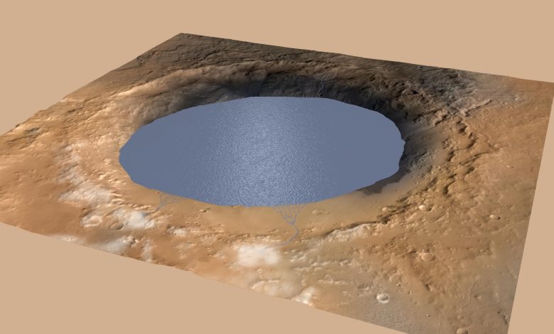 Uma visão simulada da cratera Gale cheia de água, como pode ter surgido há milhões de anos.