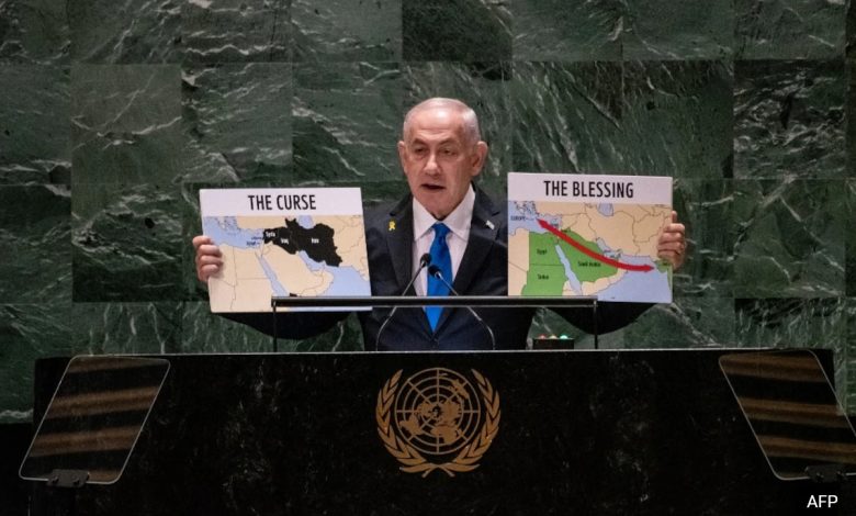 Mapas de “Maldição” versus “Bênção” de Benjamin Netanyahu durante discurso na ONU