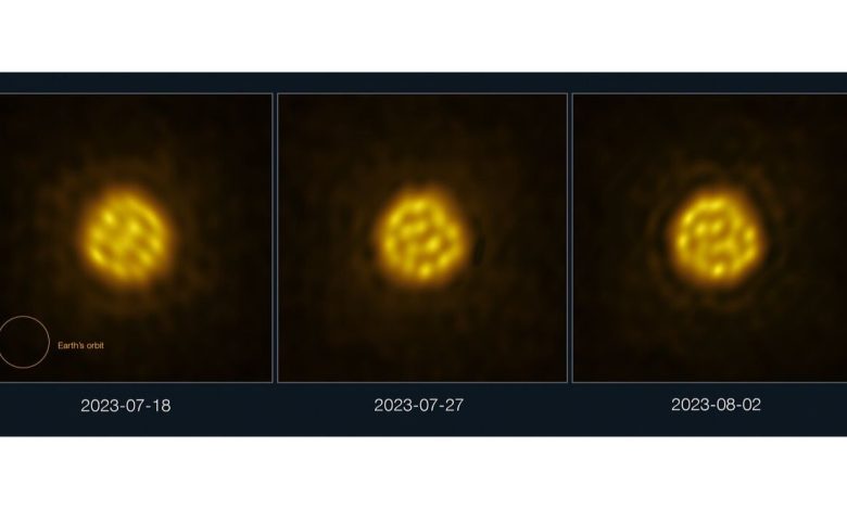 Uma imagem de três painéis mostrando uma estrela em três datas diferentes durante o verão de 2023. A estrela mostra bolhas de plasma amarelas brilhantes por toda a sua superfície.