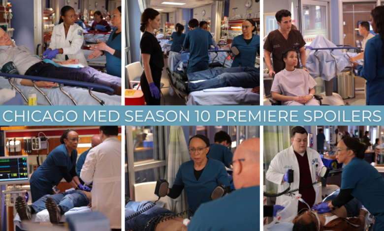 Colagem de fotos com spoilers de Chicago Med S10 E1 contendo várias fotos dos médicos lidando com uma situação de emergência