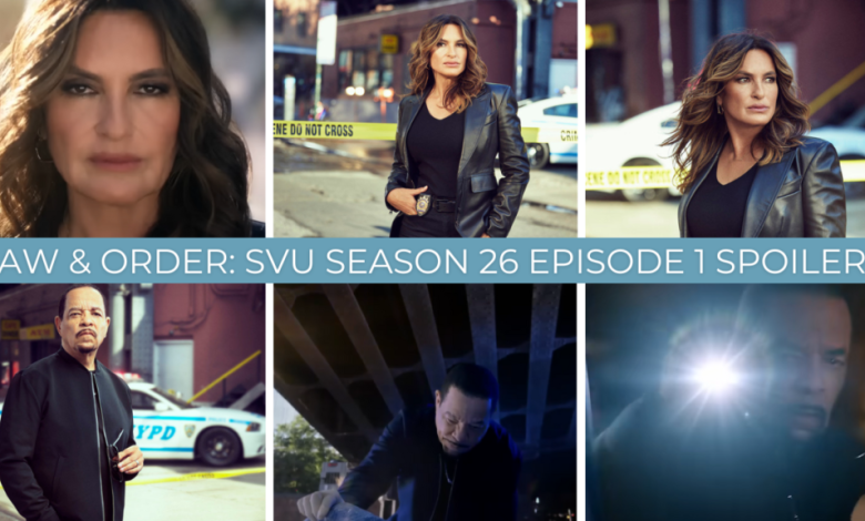 Law & Order: SVU Temporada 26 Episódio 1 colagem de fotos de spoiler que tem três fotos de Benson na parte superior e três de Fin na parte inferior.