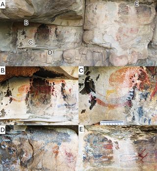 Várias imagens do painel da serpente com chifres.