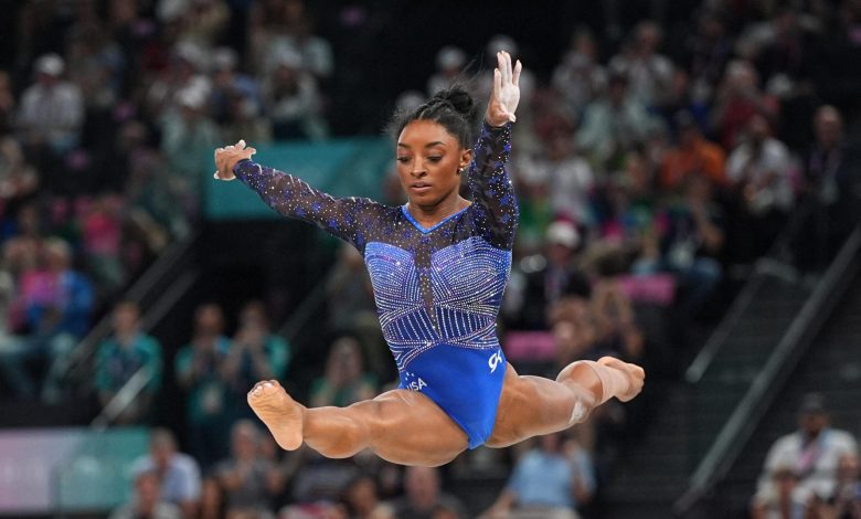 Simone Biles na trave nas Olimpíadas de 2024