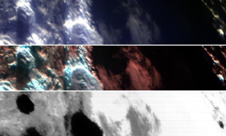 Três faixas horizontais mostrando diferentes imagens da Terra. Cada imagem é tirada em um comprimento de onda diferente, o que significa que ela revela características e informações ligeiramente diferentes sobre o planeta abaixo.