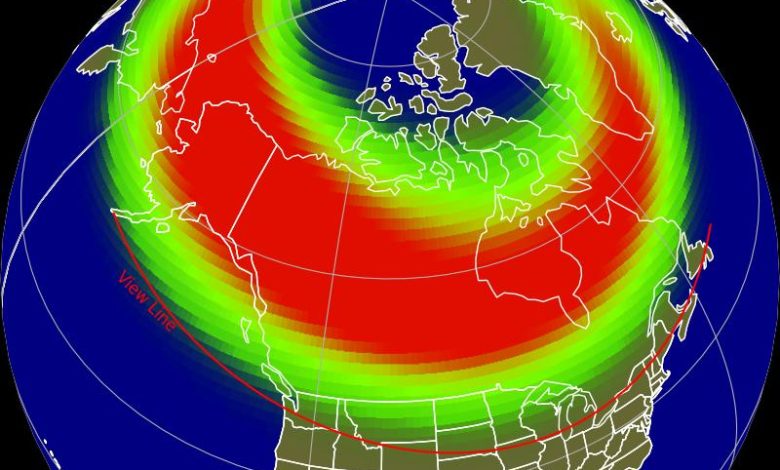 Uma previsão de aurora mostrando alta probabilidade de auroras no Canadá, no extremo norte dos EUA, Alasca, Islândia e Groenlândia