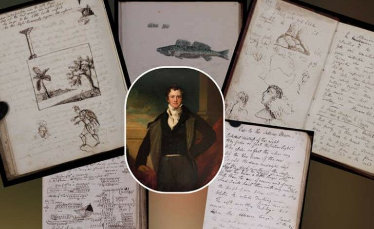 Sir Humphry Davy e páginas de seus cadernos