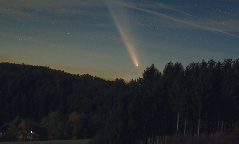 Uma foto do cometa cruzando o céu noturno acima de uma floresta na Áustria