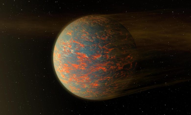 An illustration of a hot, rocky exoplanet. The planet's surface is gray with orange marbling the surface