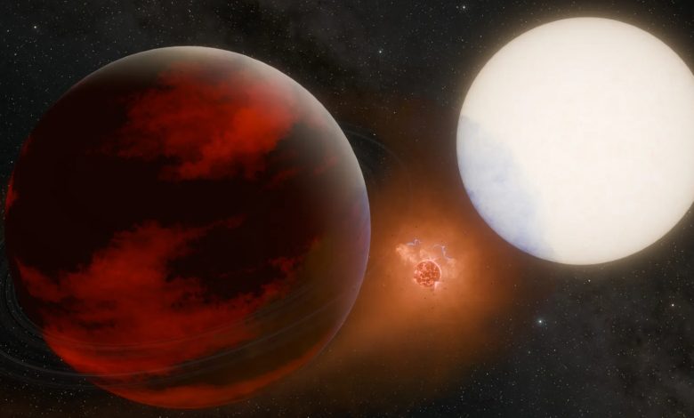 Uma interpretação artística de um exoplaneta vermelho gigante próximo à sua estrela natal com uma pequena lua entre eles